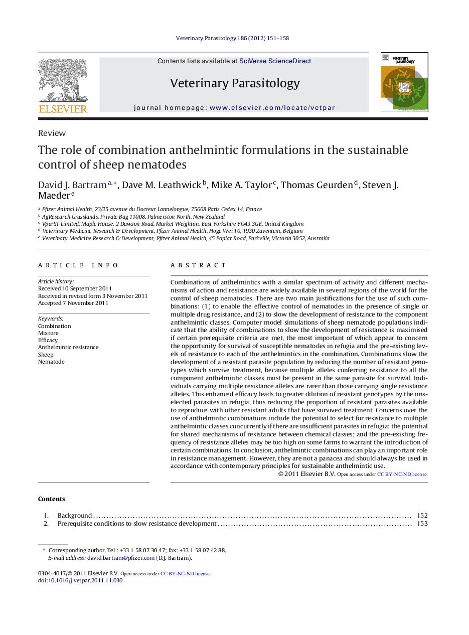 The role of combination anthelmintic formulations in the sustainable control of sheep nematodes