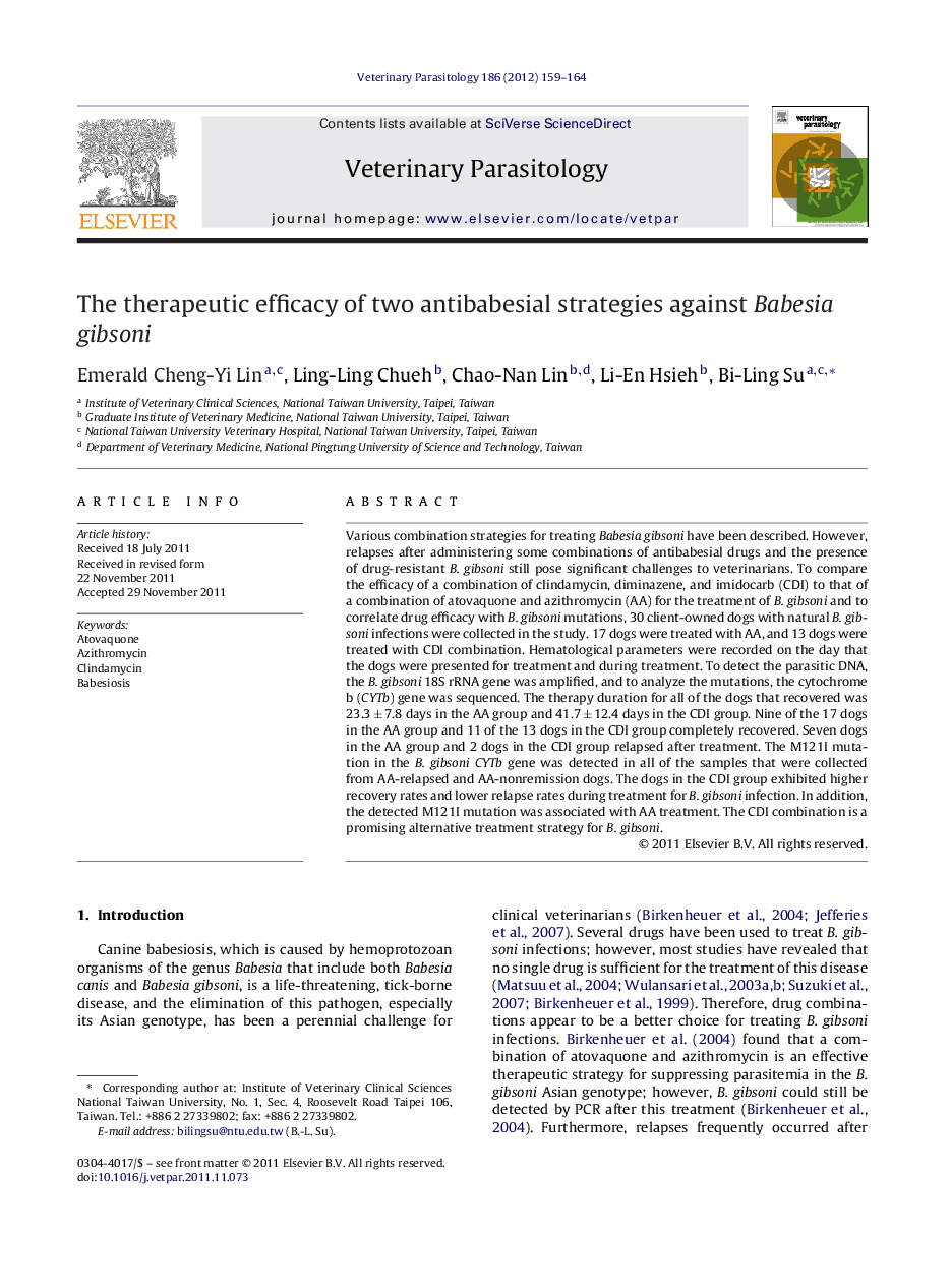 The therapeutic efficacy of two antibabesial strategies against Babesia gibsoni