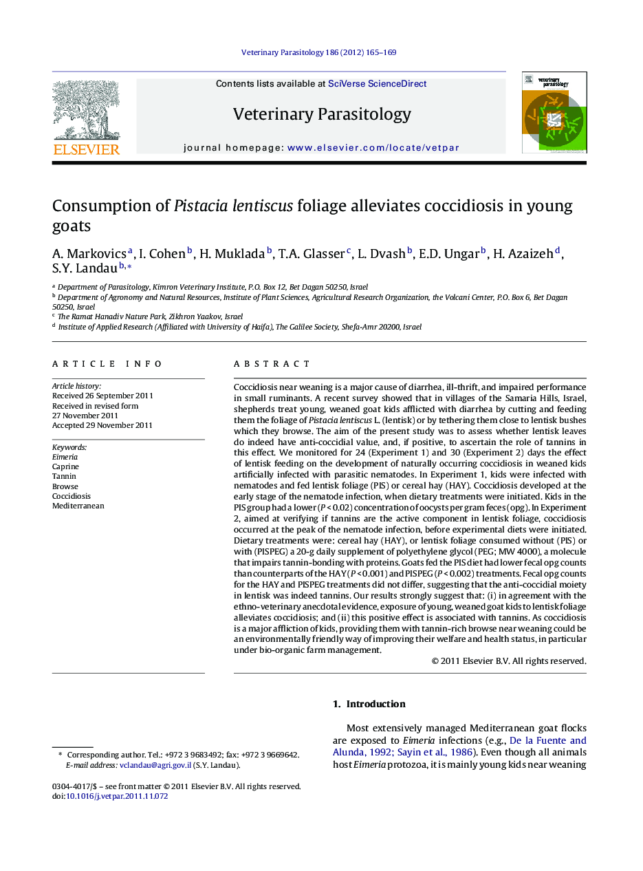 Consumption of Pistacia lentiscus foliage alleviates coccidiosis in young goats