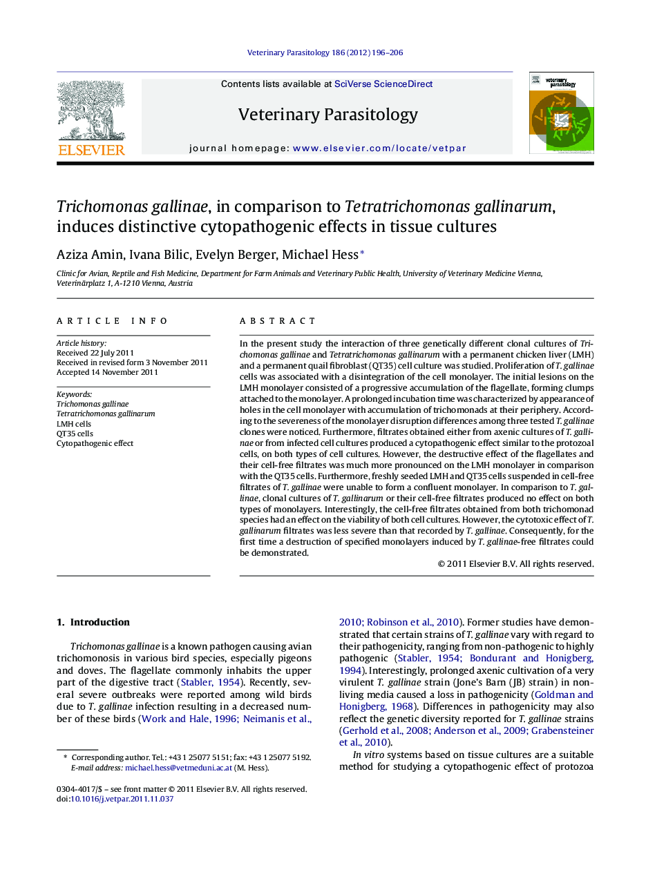 Trichomonas gallinae, in comparison to Tetratrichomonas gallinarum, induces distinctive cytopathogenic effects in tissue cultures