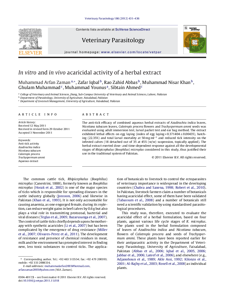 In vitro and in vivo acaricidal activity of a herbal extract