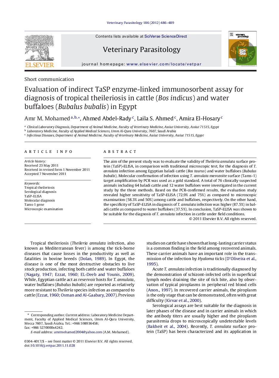 Evaluation of indirect TaSP enzyme-linked immunosorbent assay for diagnosis of tropical theileriosis in cattle (Bos indicus) and water buffaloes (Bubalus bubalis) in Egypt