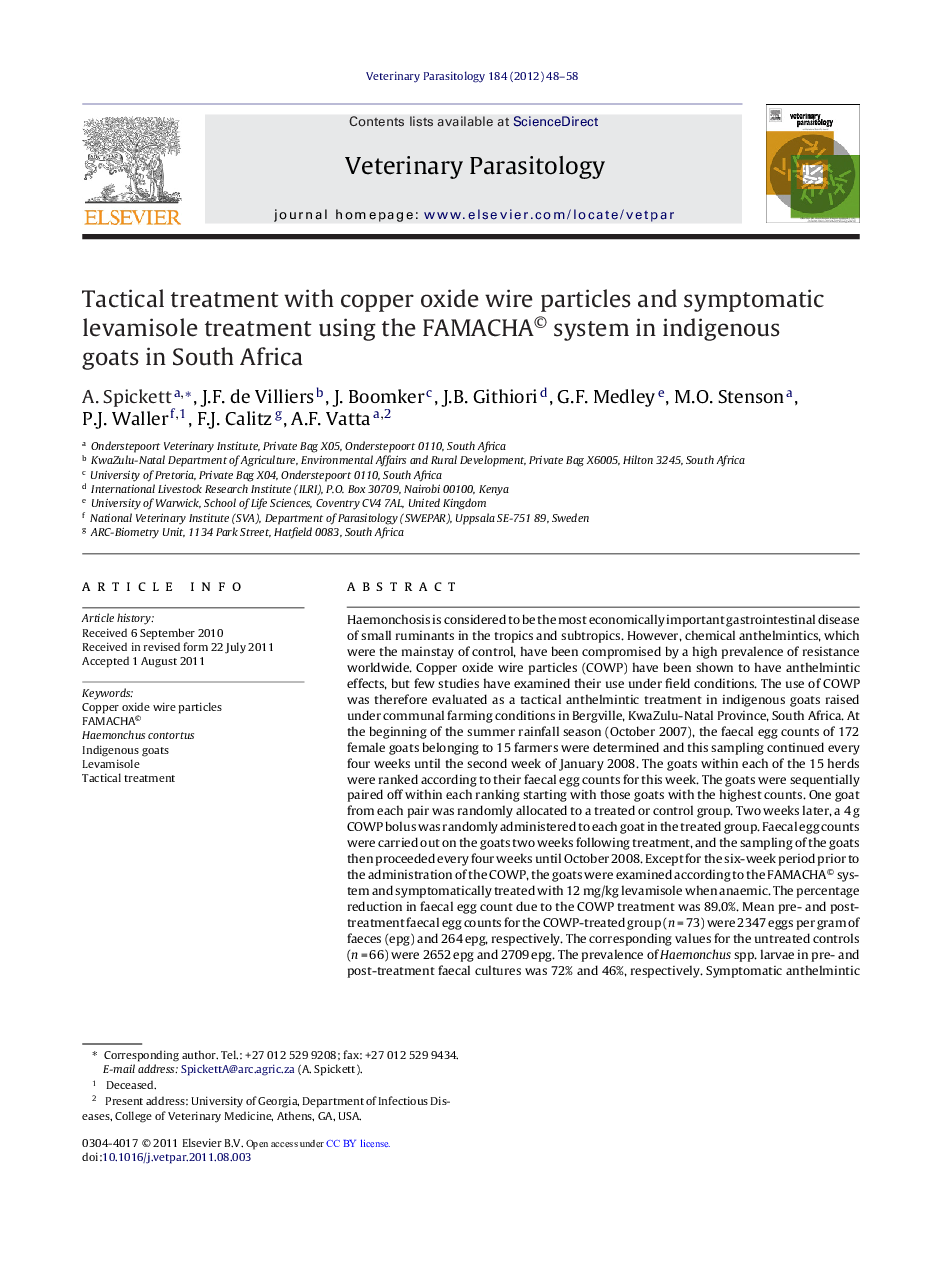 Tactical treatment with copper oxide wire particles and symptomatic levamisole treatment using the FAMACHA© system in indigenous goats in South Africa