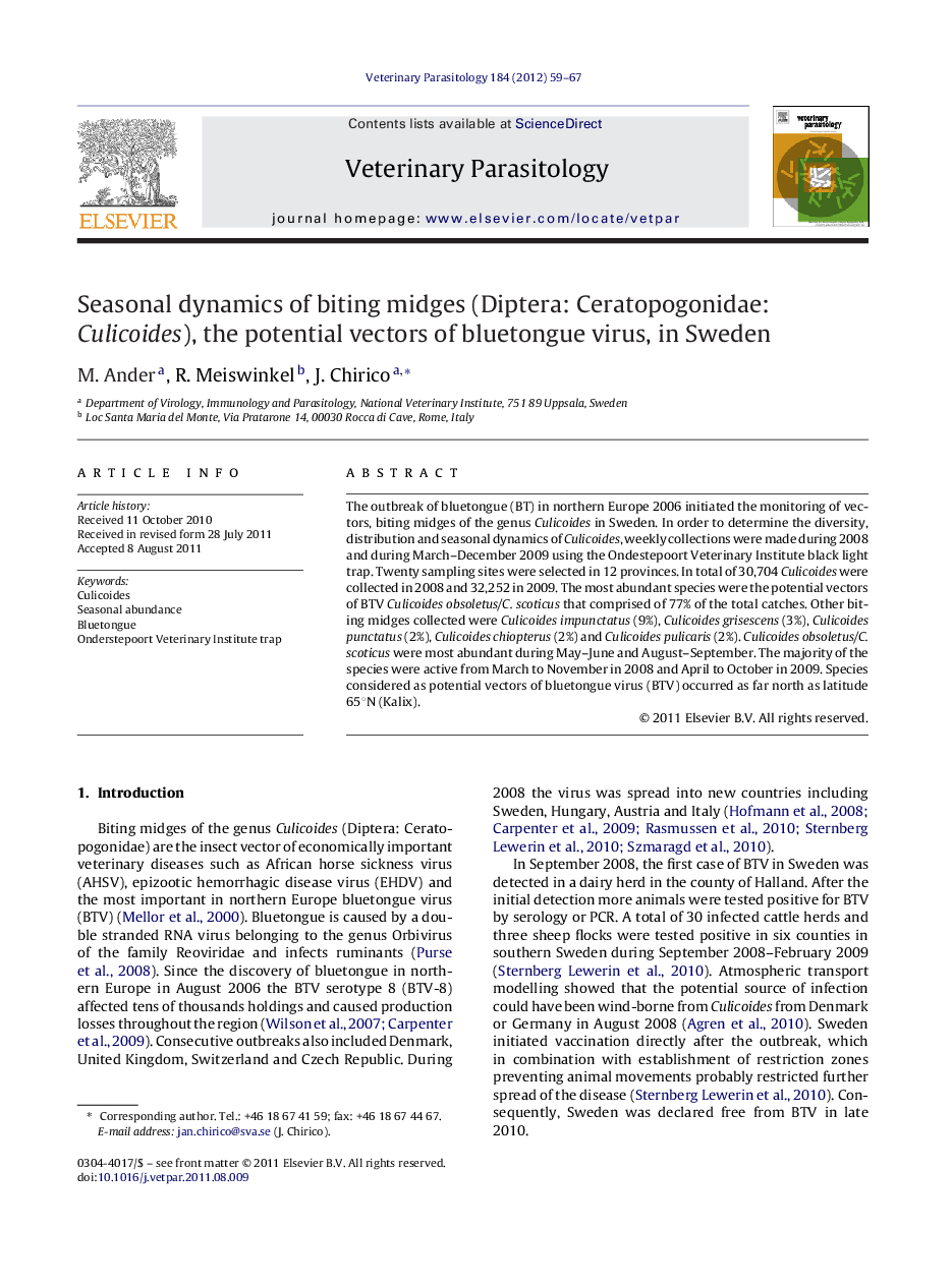 Seasonal dynamics of biting midges (Diptera: Ceratopogonidae: Culicoides), the potential vectors of bluetongue virus, in Sweden