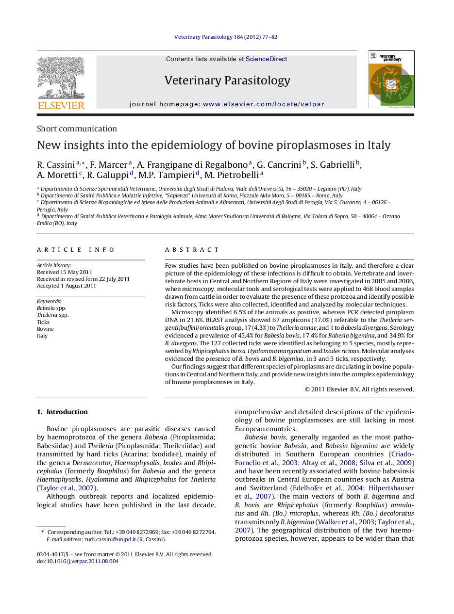 New insights into the epidemiology of bovine piroplasmoses in Italy