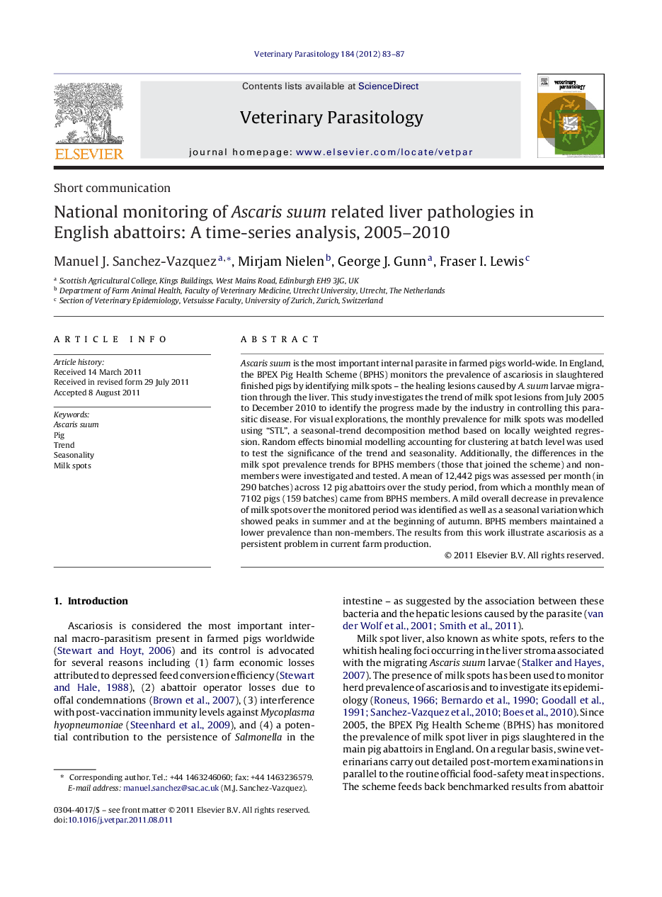 National monitoring of Ascaris suum related liver pathologies in English abattoirs: A time-series analysis, 2005-2010