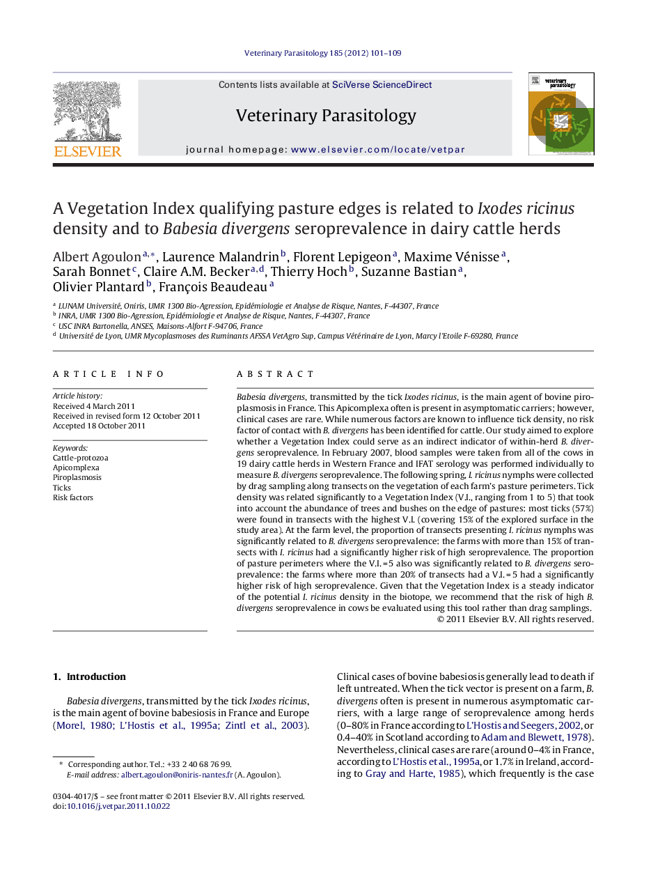 A Vegetation Index qualifying pasture edges is related to Ixodes ricinus density and to Babesia divergens seroprevalence in dairy cattle herds