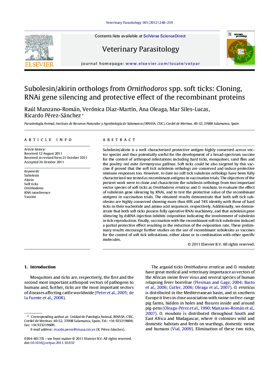 Subolesin/akirin orthologs from Ornithodoros spp. soft ticks: Cloning, RNAi gene silencing and protective effect of the recombinant proteins