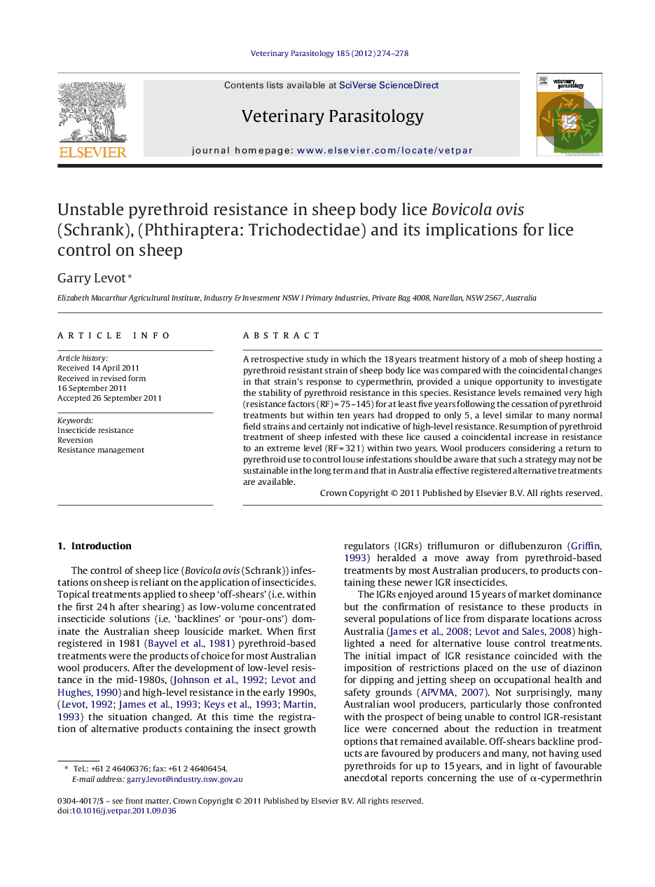 Unstable pyrethroid resistance in sheep body lice Bovicola ovis (Schrank), (Phthiraptera: Trichodectidae) and its implications for lice control on sheep