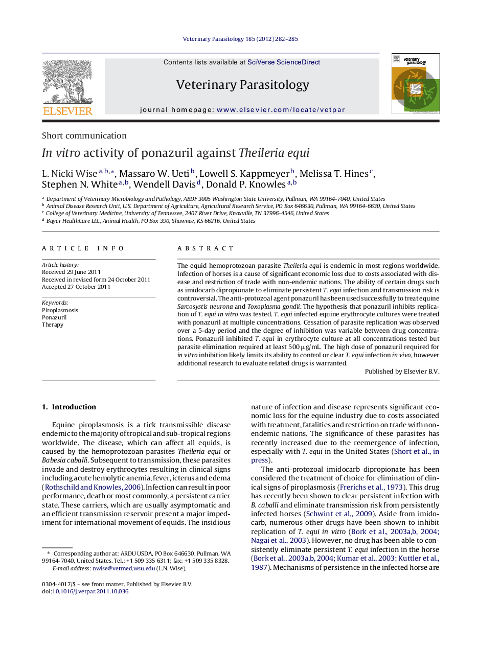 In vitro activity of ponazuril against Theileria equi