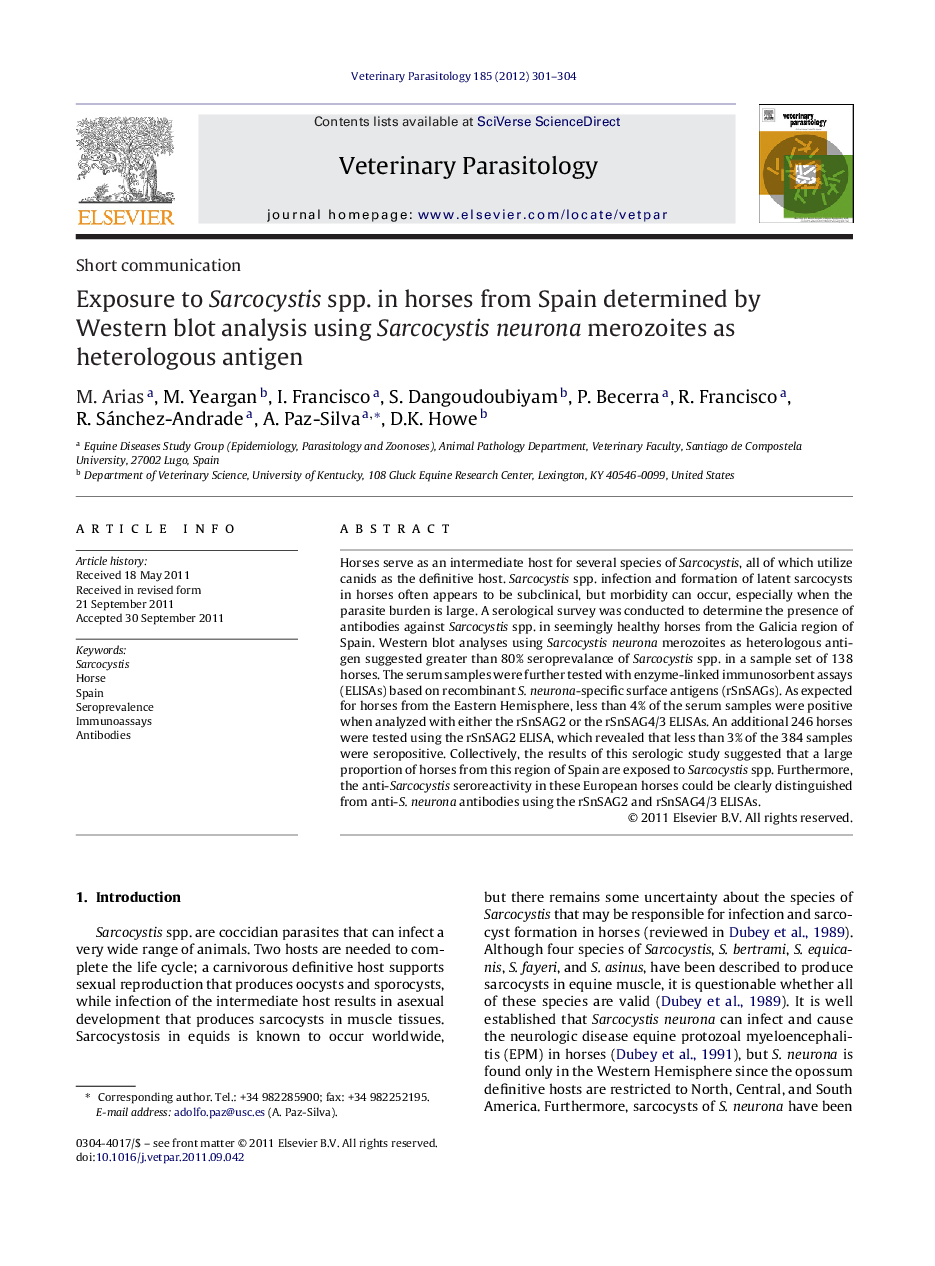 Exposure to Sarcocystis spp. in horses from Spain determined by Western blot analysis using Sarcocystis neurona merozoites as heterologous antigen