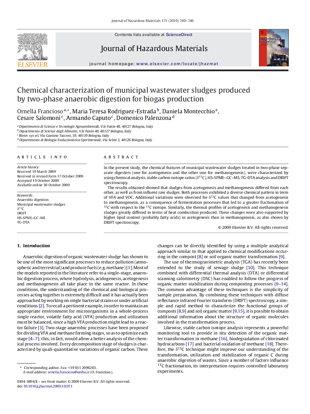 Chemical characterization of municipal wastewater sludges produced by two-phase anaerobic digestion for biogas production