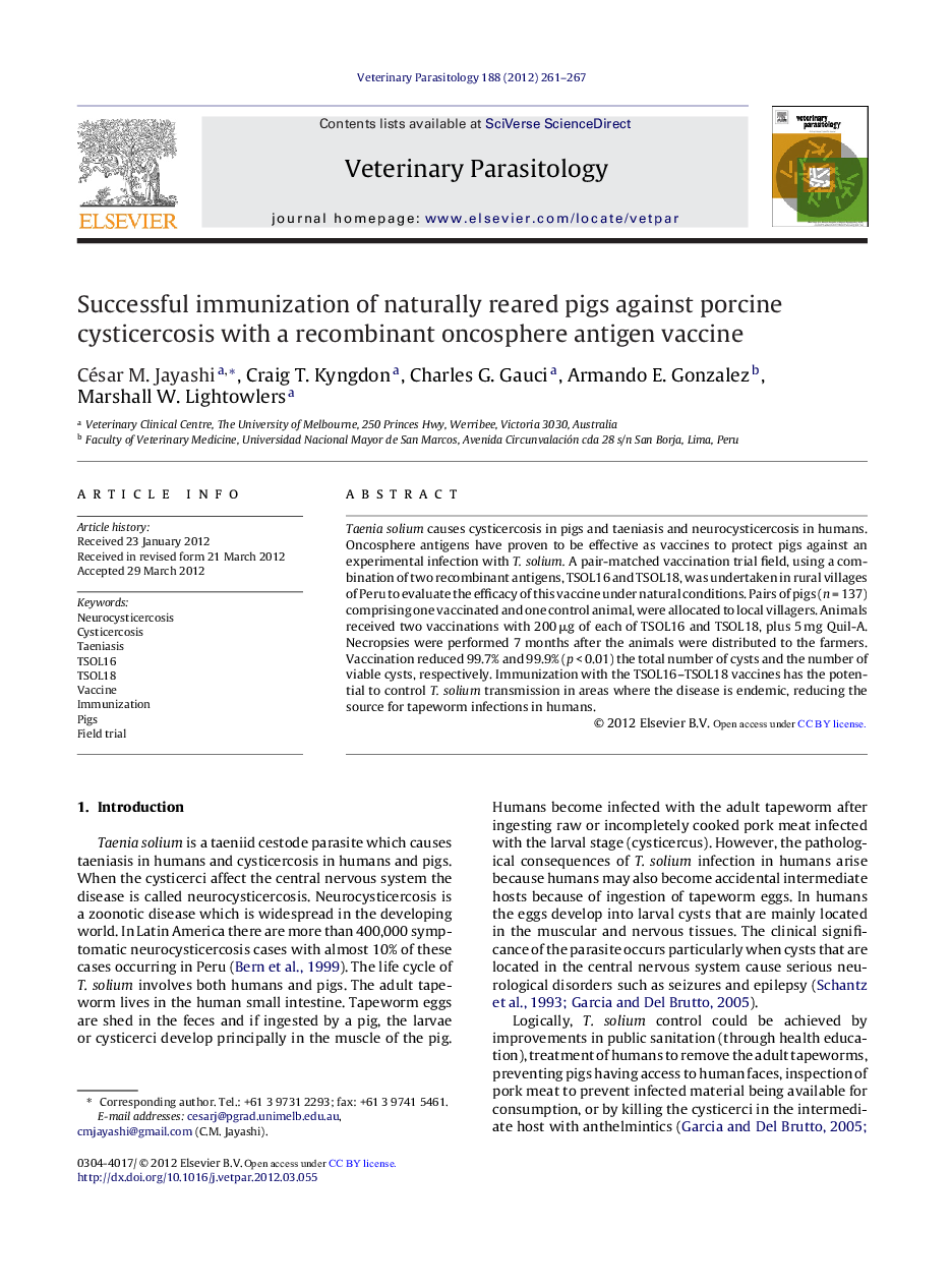 Successful immunization of naturally reared pigs against porcine cysticercosis with a recombinant oncosphere antigen vaccine