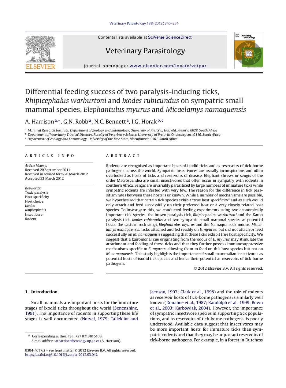 عکس صفحه اول مقاله: Differential feeding success of two paralysis-inducing ticks, Rhipicephalus warburtoni and Ixodes rubicundus on sympatric small mammal species, Elephantulus myurus and Micaelamys namaquensis Differential feeding success of two paralysis-inducing ticks, Rhipicephalus warburtoni and Ixodes rubicundus on sympatric small mammal species, Elephantulus myurus and Micaelamys namaquensis