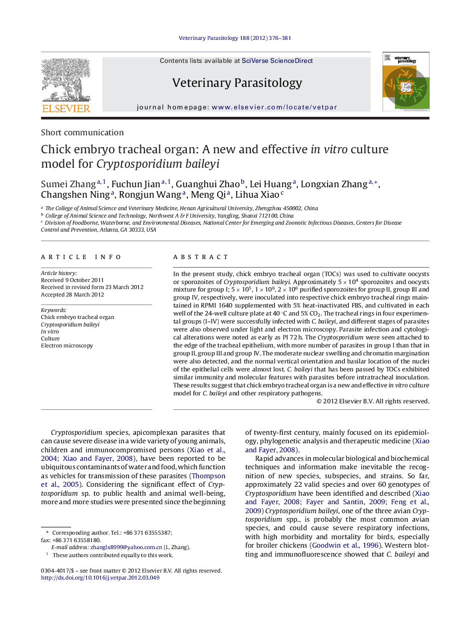 Chick embryo tracheal organ: A new and effective in vitro culture model for Cryptosporidium baileyi