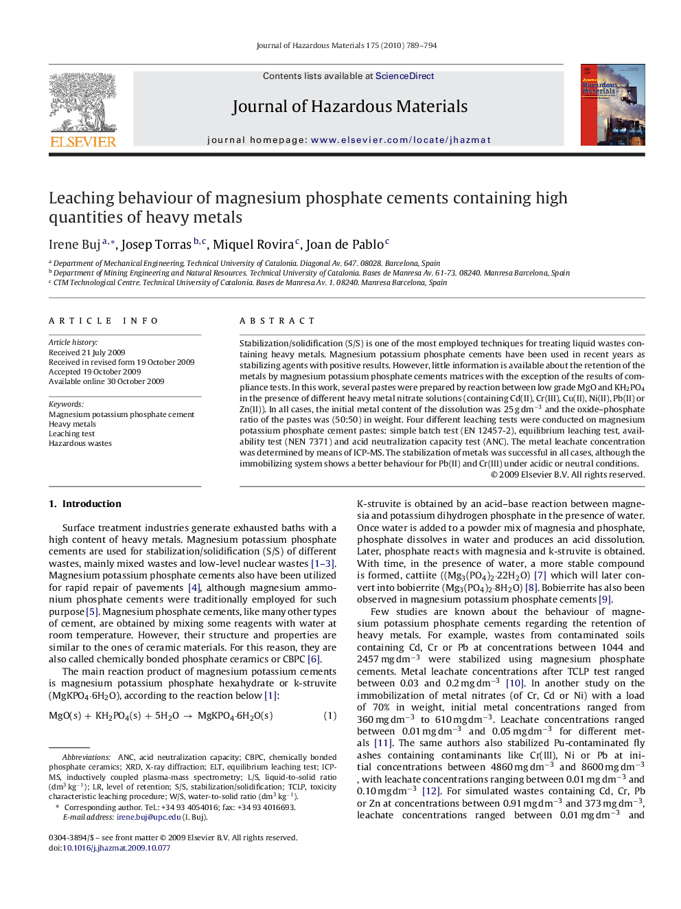 Leaching behaviour of magnesium phosphate cements containing high quantities of heavy metals