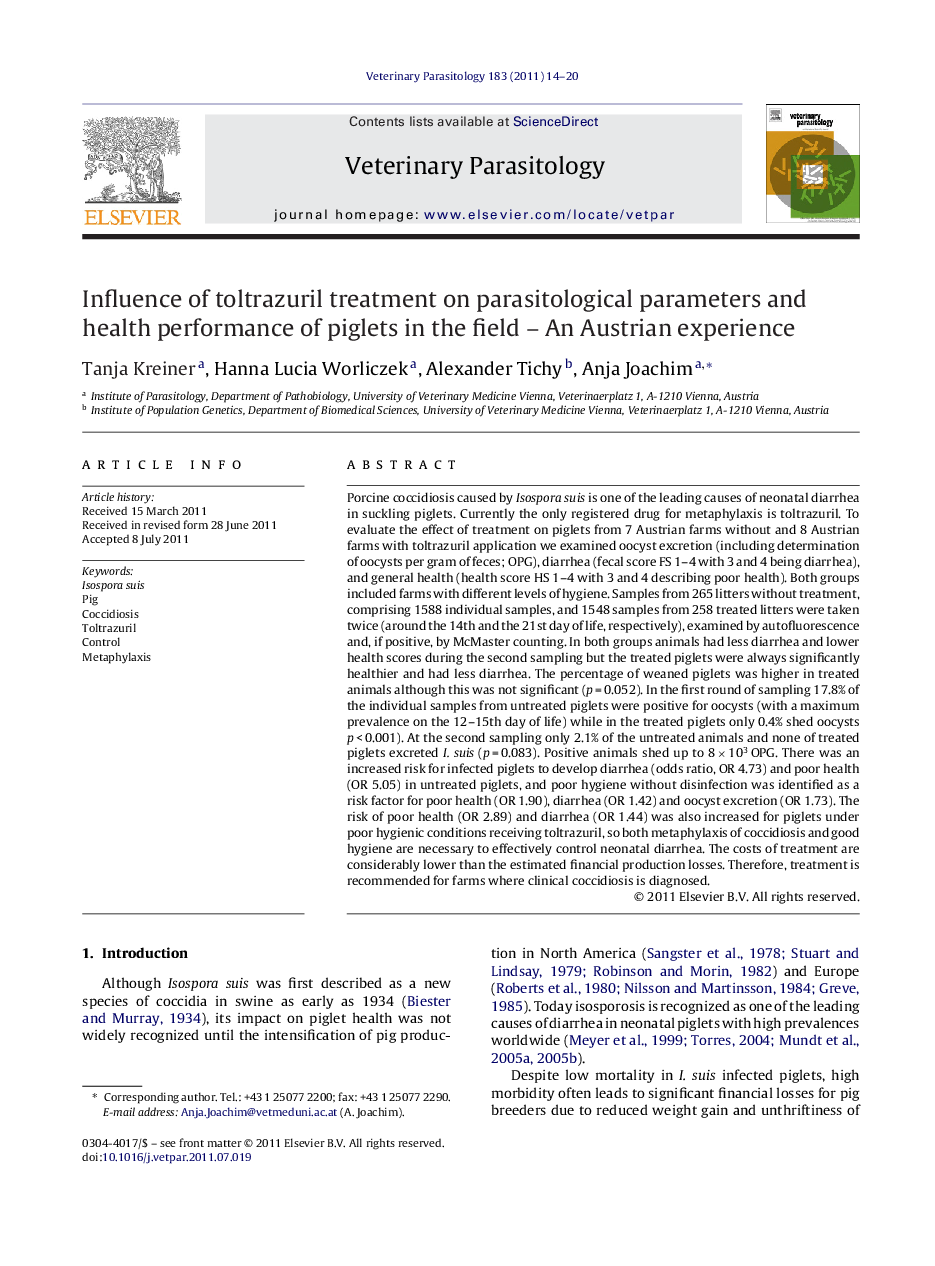 Influence of toltrazuril treatment on parasitological parameters and health performance of piglets in the field - An Austrian experience