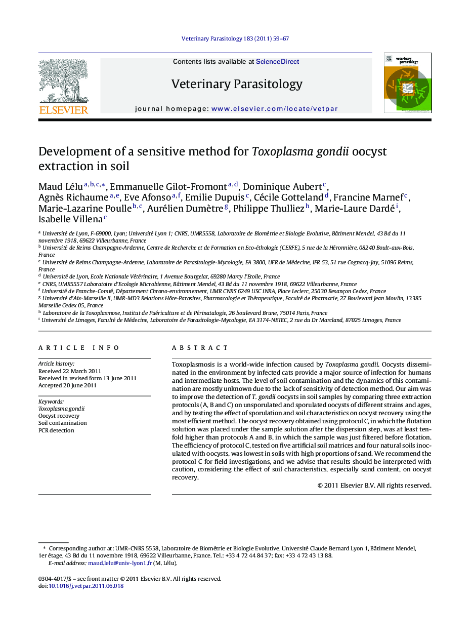 Development of a sensitive method for Toxoplasma gondii oocyst extraction in soil