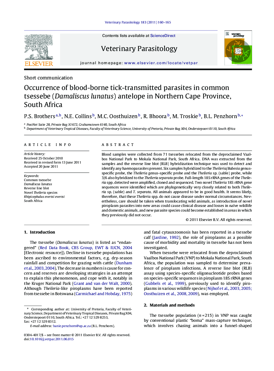 Occurrence of blood-borne tick-transmitted parasites in common tsessebe (Damaliscus lunatus) antelope in Northern Cape Province, South Africa