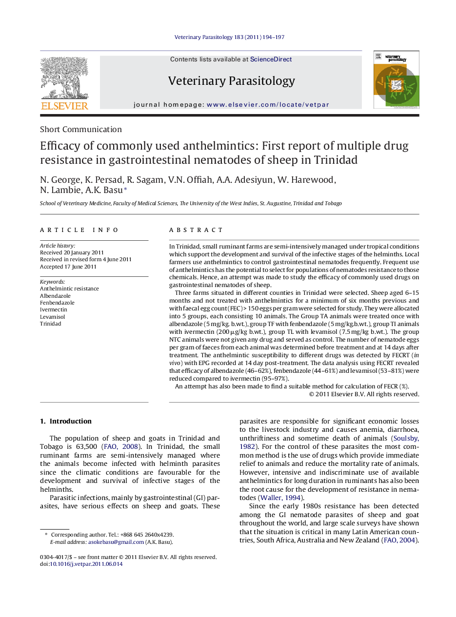 Efficacy of commonly used anthelmintics: First report of multiple drug resistance in gastrointestinal nematodes of sheep in Trinidad