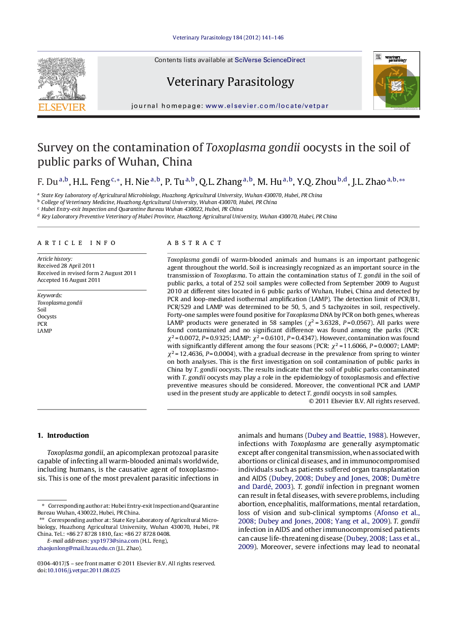 Survey on the contamination of Toxoplasma gondii oocysts in the soil of public parks of Wuhan, China