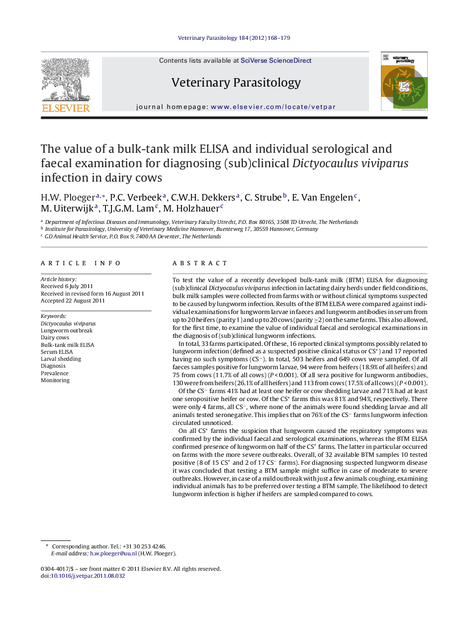 The value of a bulk-tank milk ELISA and individual serological and faecal examination for diagnosing (sub)clinical Dictyocaulus viviparus infection in dairy cows