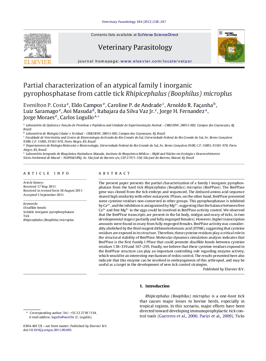 Partial characterization of an atypical family I inorganic pyrophosphatase from cattle tick Rhipicephalus (Boophilus) microplus