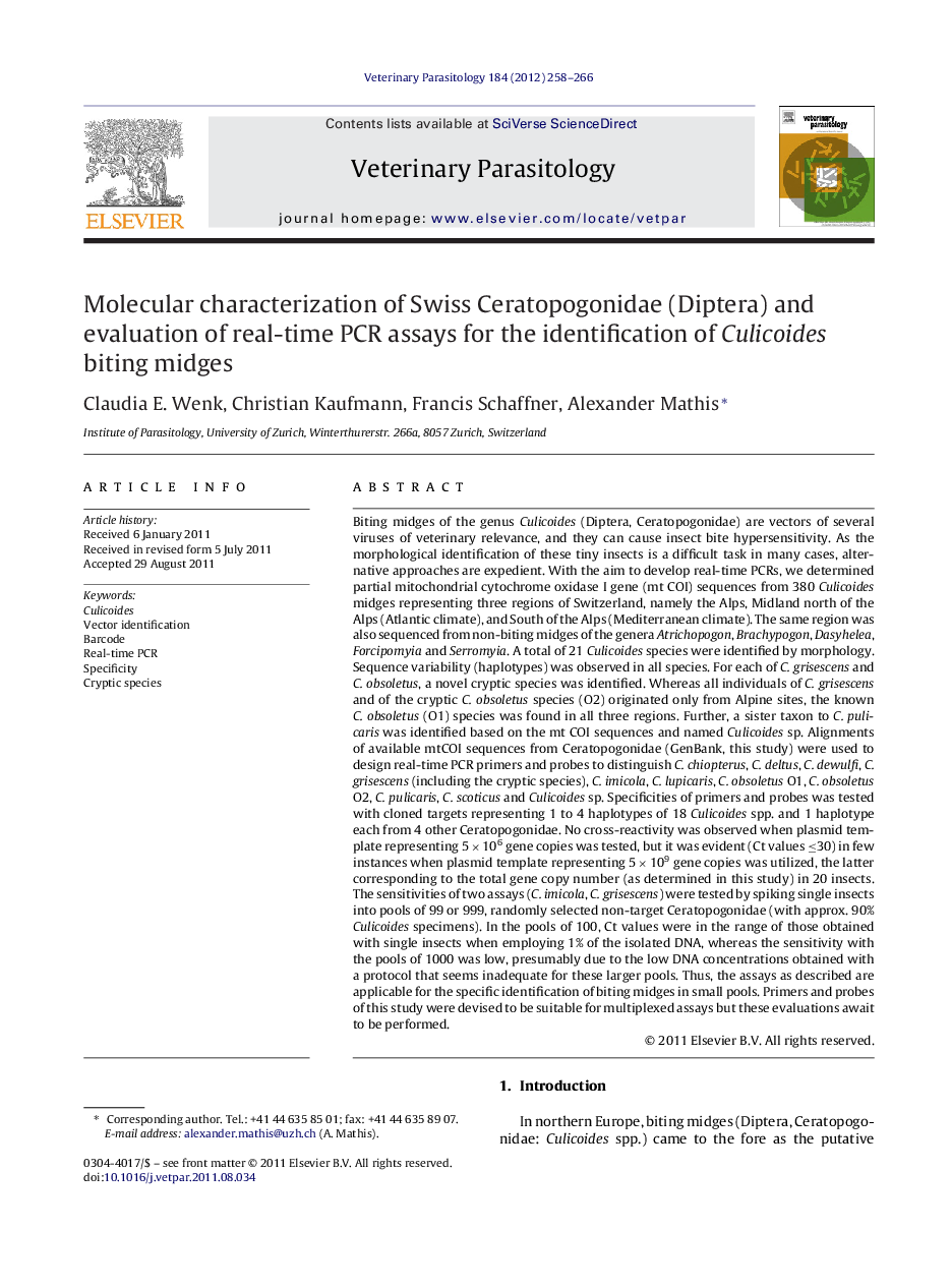 Molecular characterization of Swiss Ceratopogonidae (Diptera) and evaluation of real-time PCR assays for the identification of Culicoides biting midges