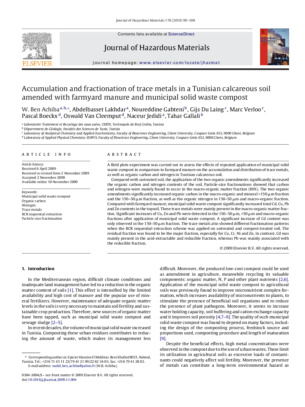 Accumulation and fractionation of trace metals in a Tunisian calcareous soil amended with farmyard manure and municipal solid waste compost