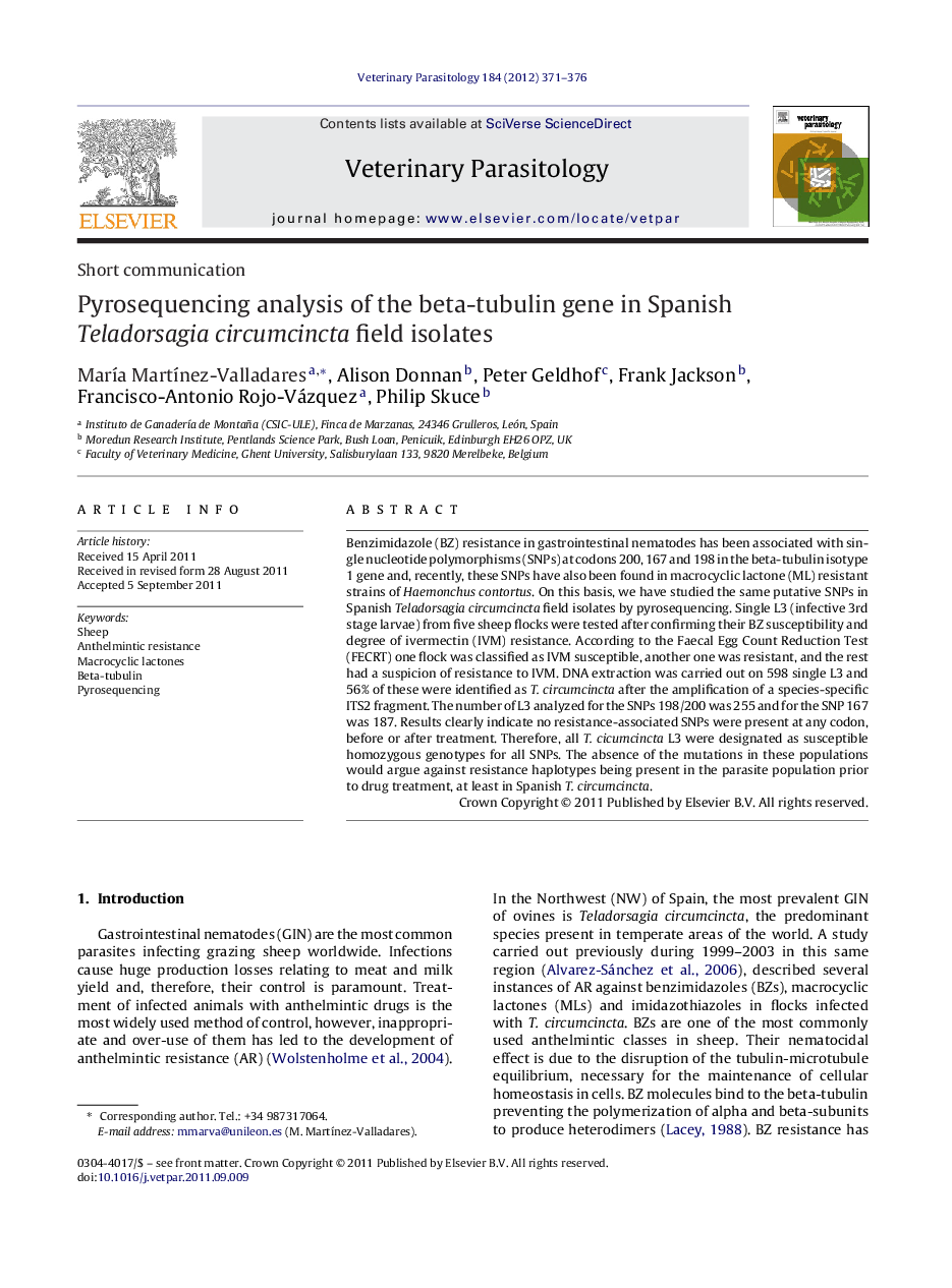 Pyrosequencing analysis of the beta-tubulin gene in Spanish Teladorsagia circumcincta field isolates