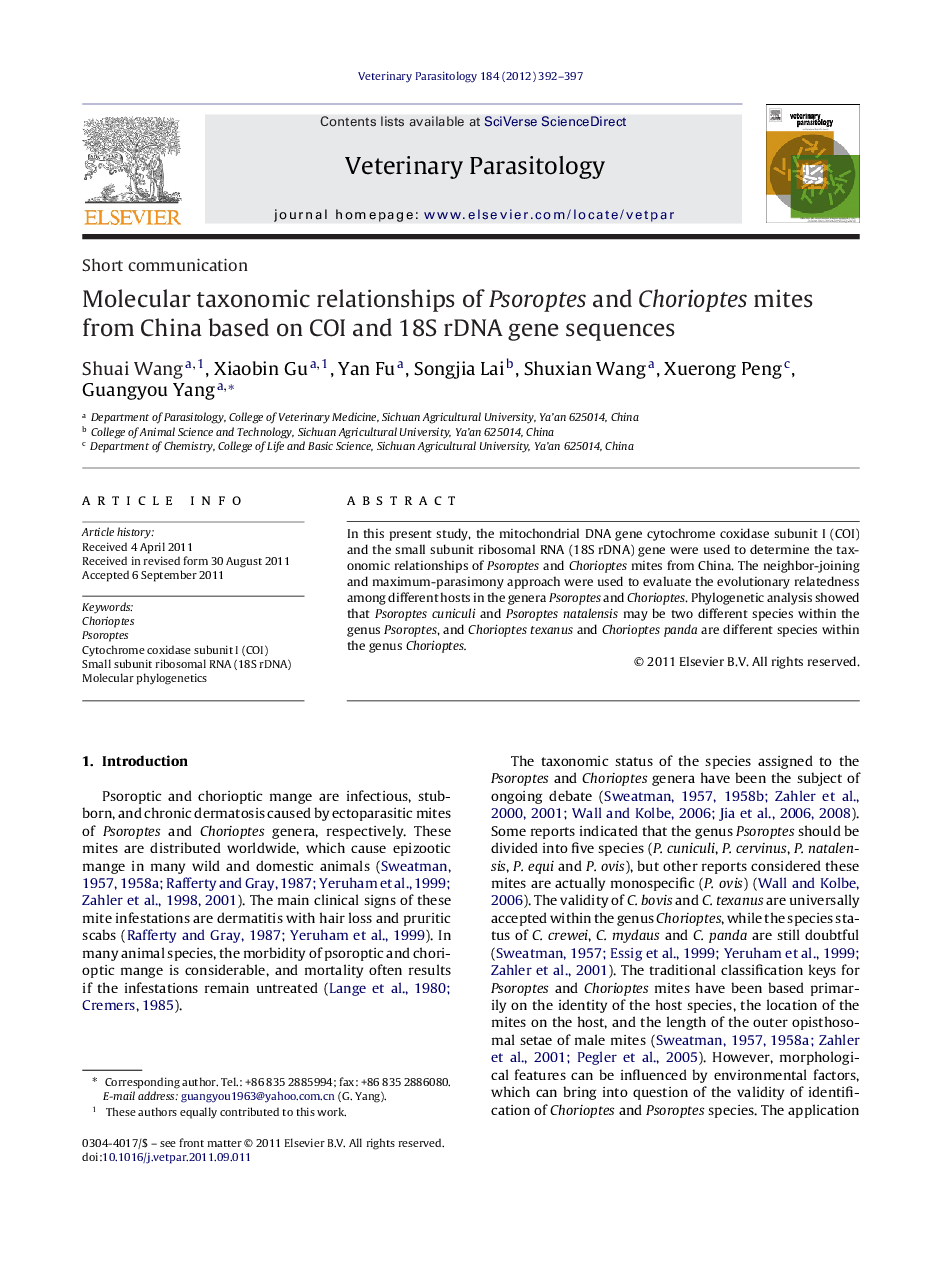 Molecular taxonomic relationships of Psoroptes and Chorioptes mites from China based on COI and 18S rDNA gene sequences