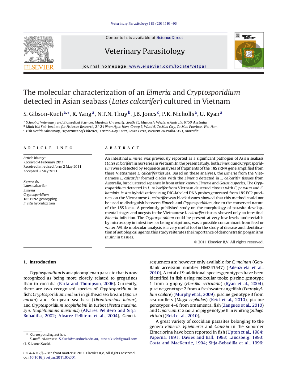 The molecular characterization of an Eimeria and Cryptosporidium detected in Asian seabass (Lates calcarifer) cultured in Vietnam