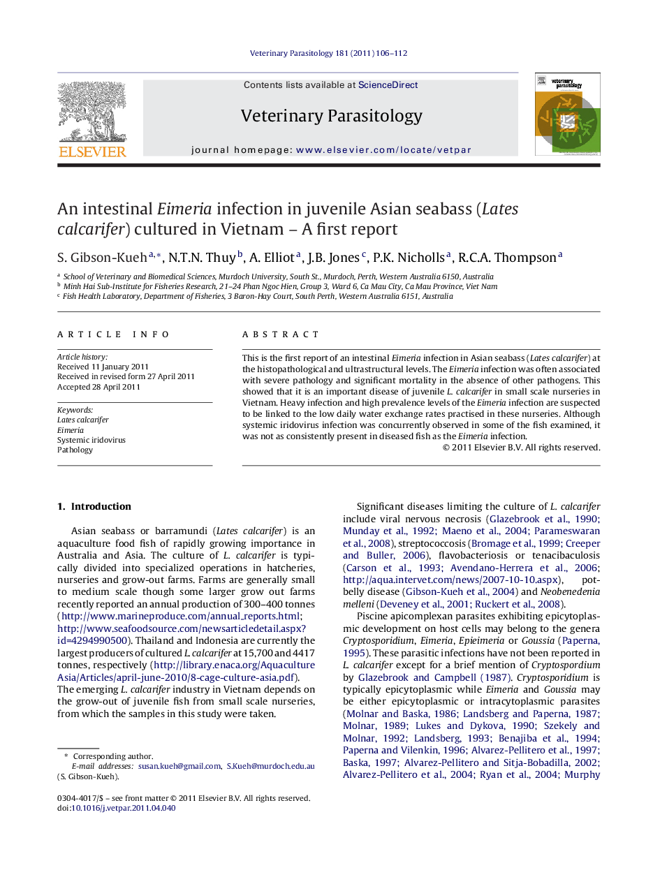 An intestinal Eimeria infection in juvenile Asian seabass (Lates calcarifer) cultured in Vietnam - A first report