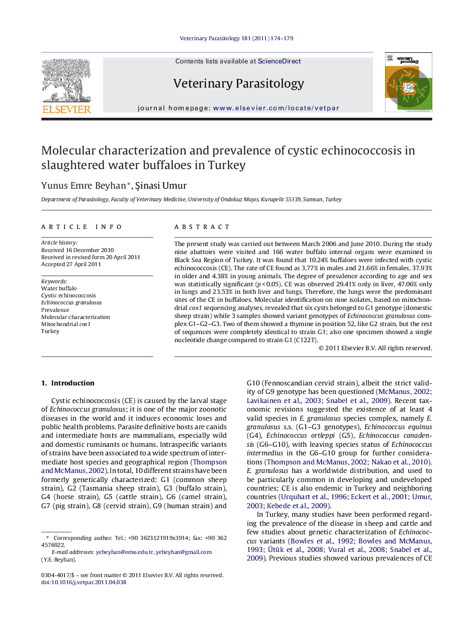 Molecular characterization and prevalence of cystic echinococcosis in slaughtered water buffaloes in Turkey