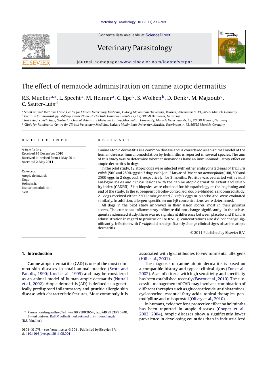 The effect of nematode administration on canine atopic dermatitis