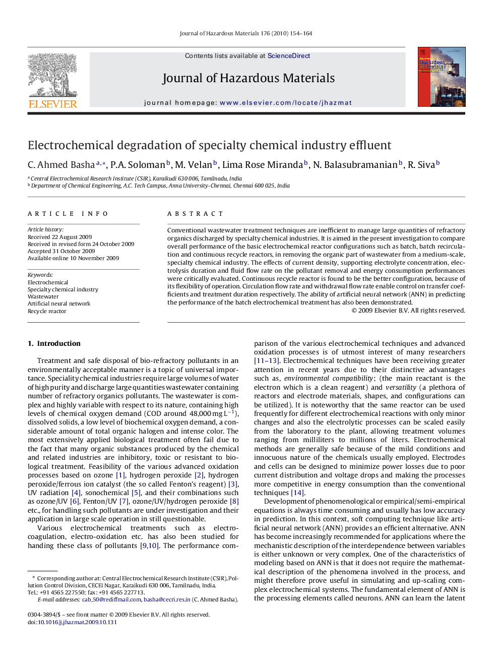 Electrochemical degradation of specialty chemical industry effluent