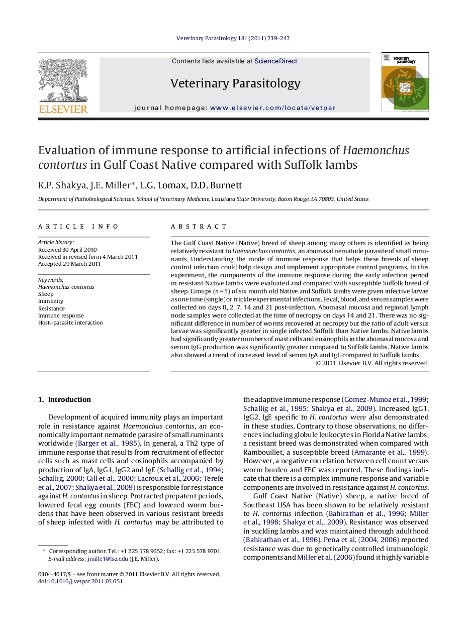 Evaluation of immune response to artificial infections of Haemonchus contortus in Gulf Coast Native compared with Suffolk lambs