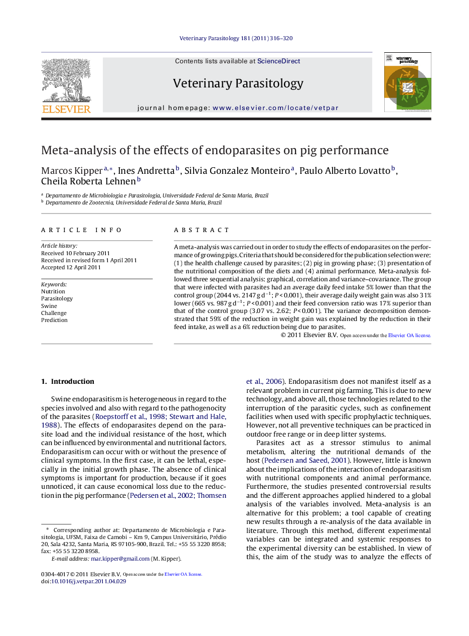 Meta-analysis of the effects of endoparasites on pig performance