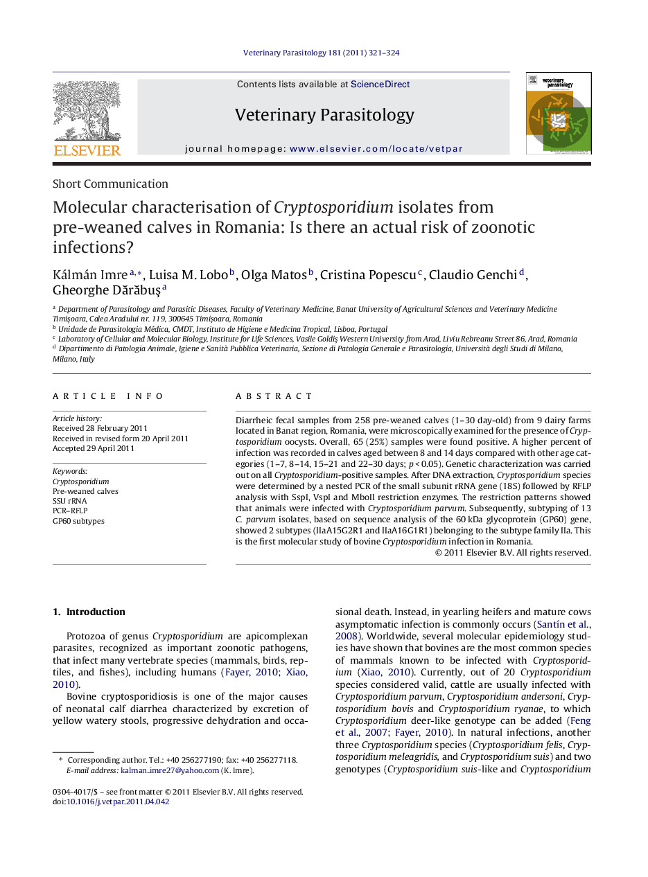 Molecular characterisation of Cryptosporidium isolates from pre-weaned calves in Romania: Is there an actual risk of zoonotic infections?