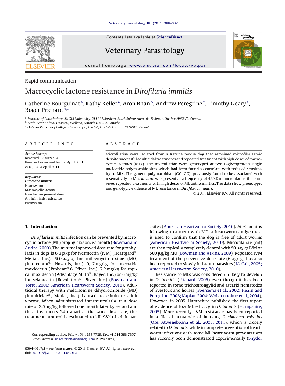 Macrocyclic lactone resistance in Dirofilaria immitis