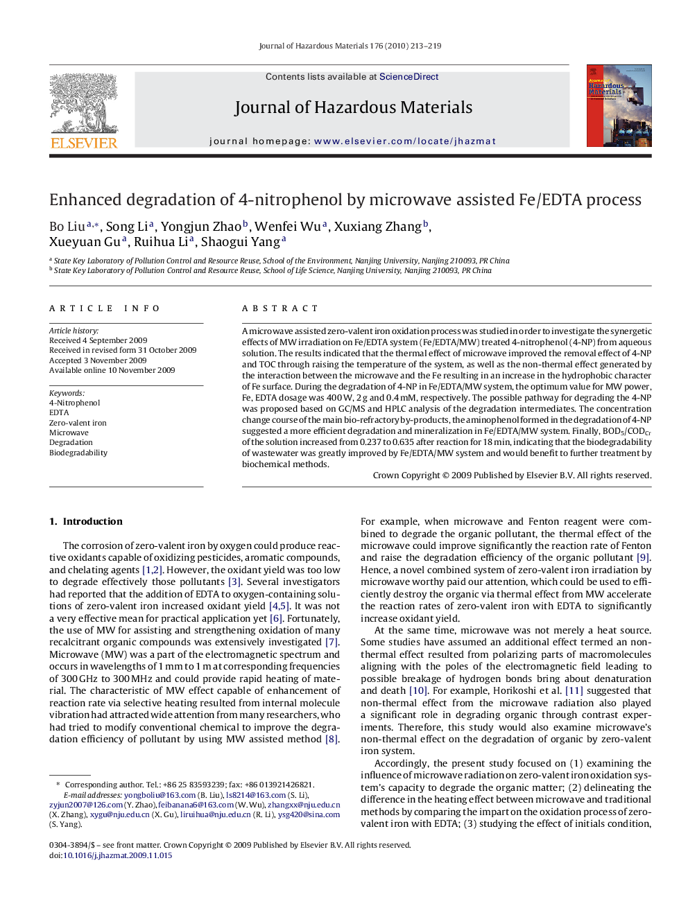 Enhanced degradation of 4-nitrophenol by microwave assisted Fe/EDTA process