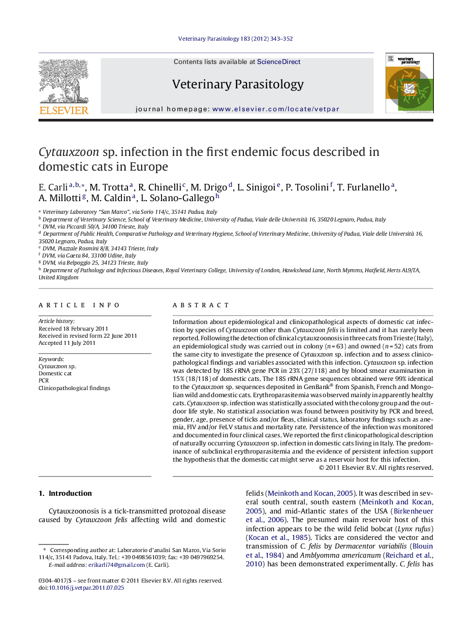 Cytauxzoon sp. infection in the first endemic focus described in domestic cats in Europe