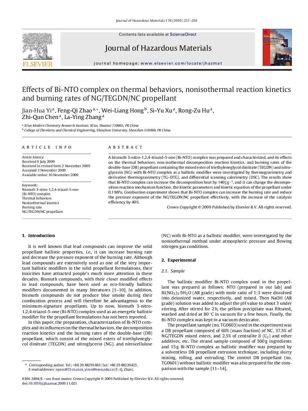 Effects of Bi-NTO complex on thermal behaviors, nonisothermal reaction kinetics and burning rates of NG/TEGDN/NC propellant