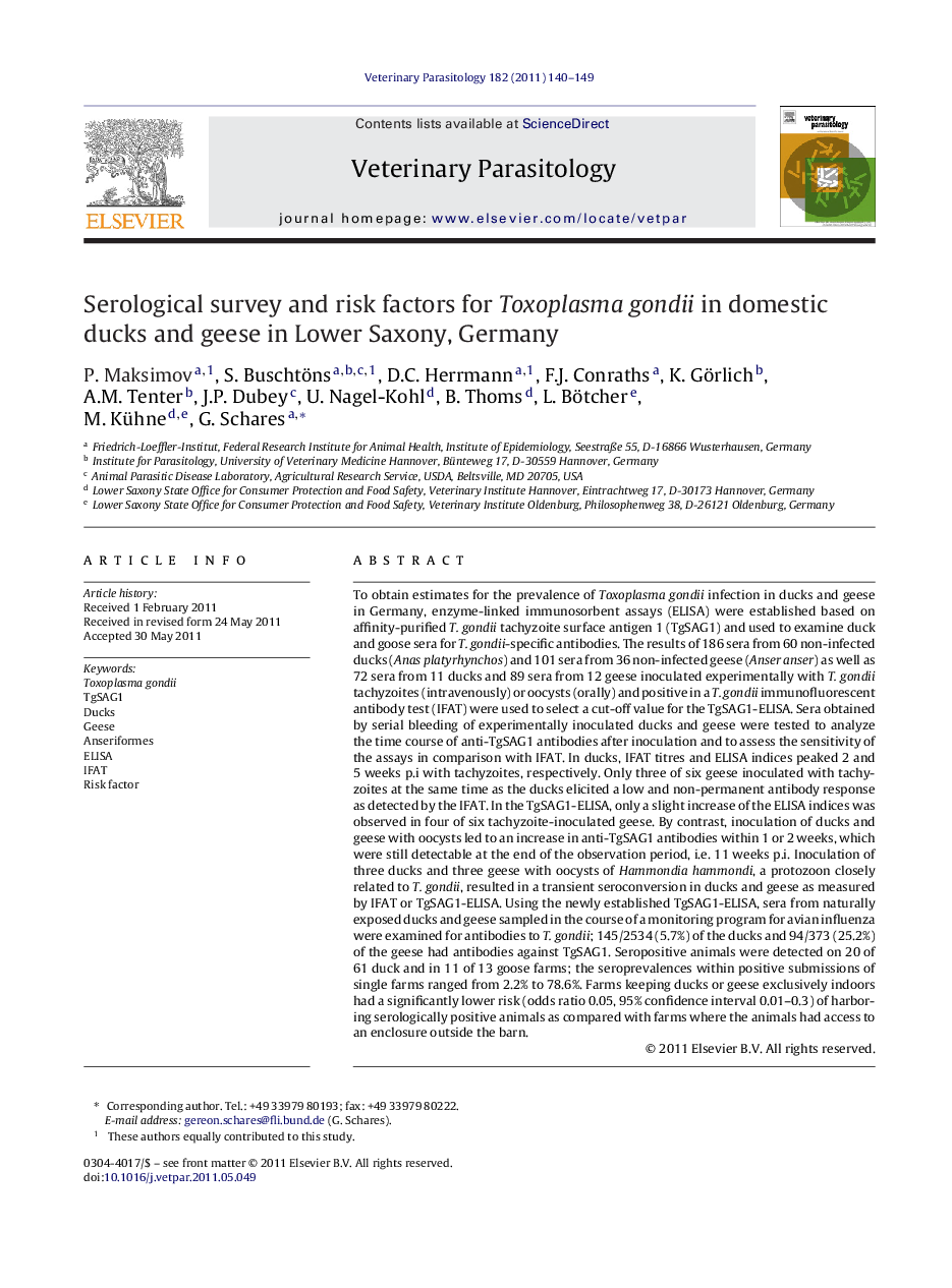 Serological survey and risk factors for Toxoplasma gondii in domestic ducks and geese in Lower Saxony, Germany