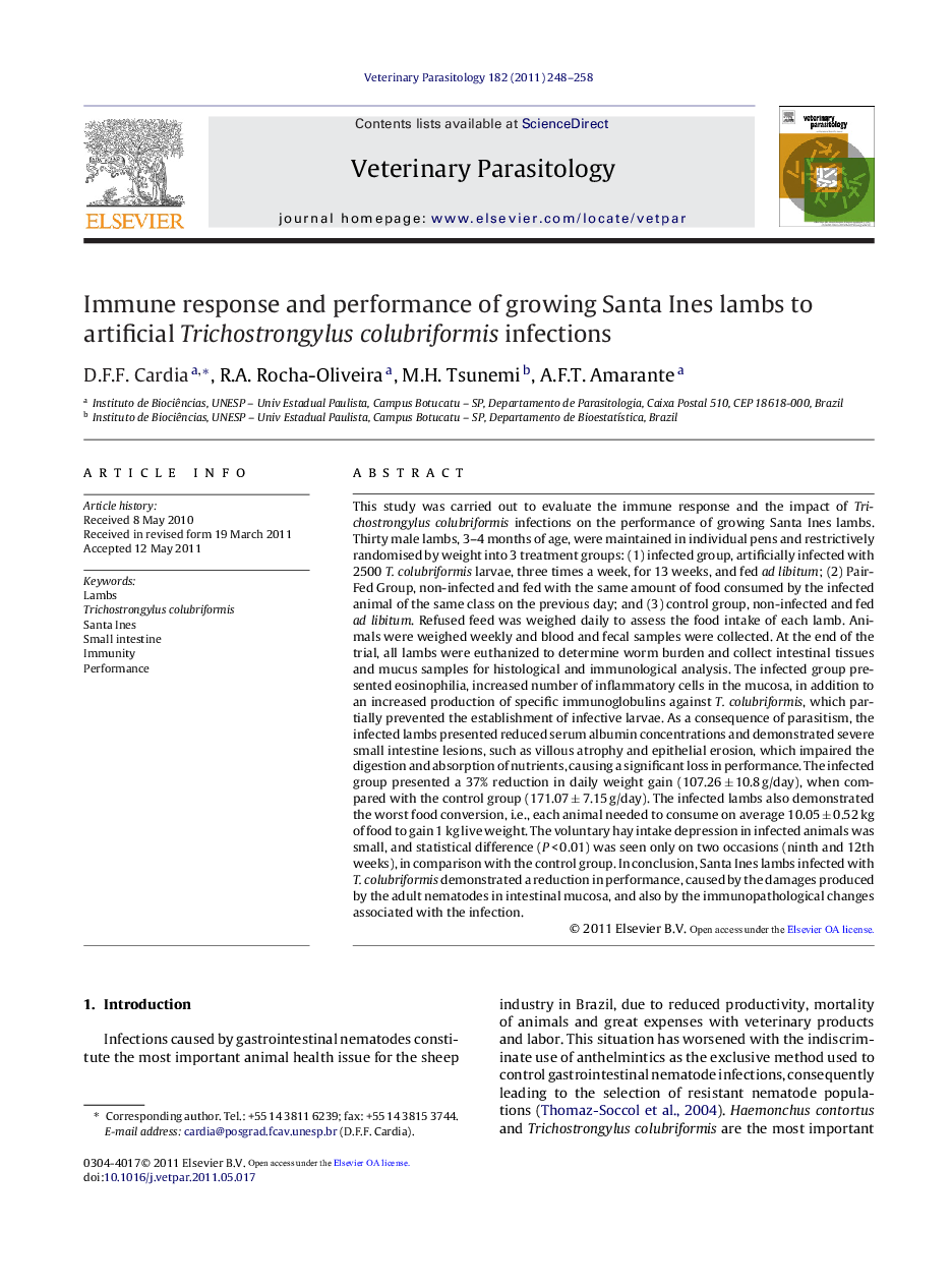 Immune response and performance of growing Santa Ines lambs to artificial Trichostrongylus colubriformis infections