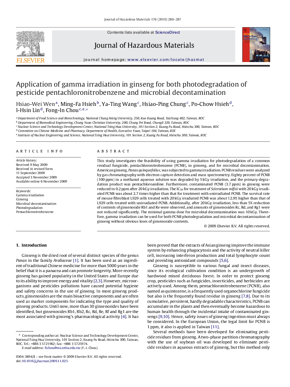 Application of gamma irradiation in ginseng for both photodegradation of pesticide pentachloronitrobenzene and microbial decontamination