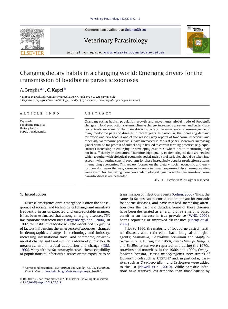 Changing dietary habits in a changing world: Emerging drivers for the transmission of foodborne parasitic zoonoses