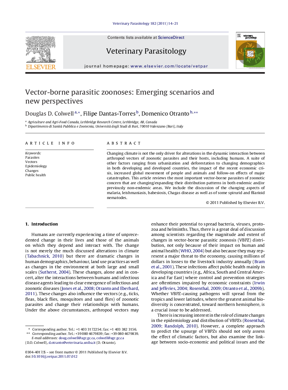 Vector-borne parasitic zoonoses: Emerging scenarios and new perspectives