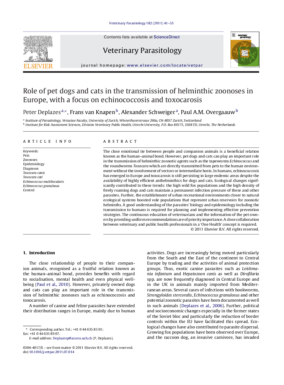 Role of pet dogs and cats in the transmission of helminthic zoonoses in Europe, with a focus on echinococcosis and toxocarosis