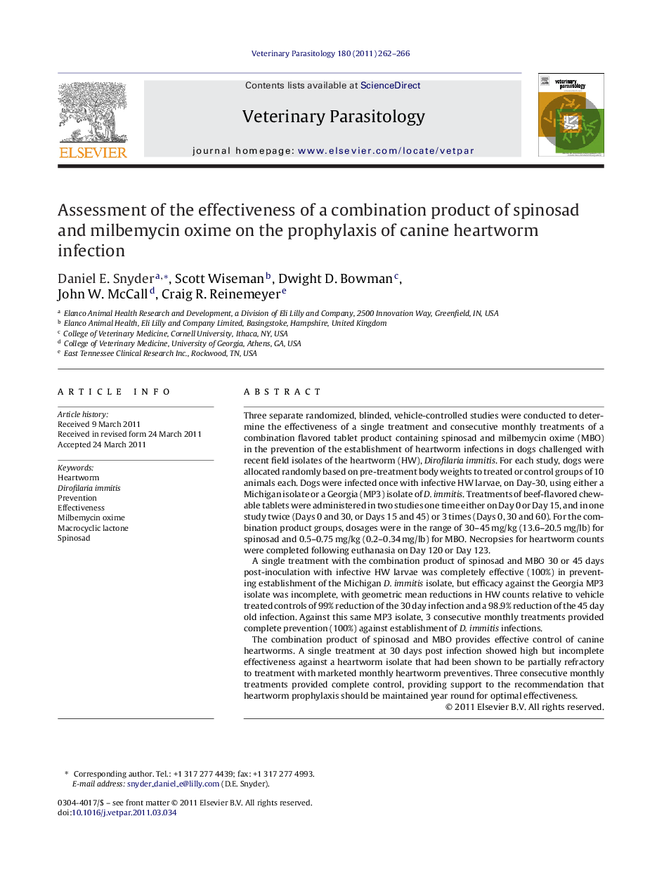 Assessment of the effectiveness of a combination product of spinosad and milbemycin oxime on the prophylaxis of canine heartworm infection